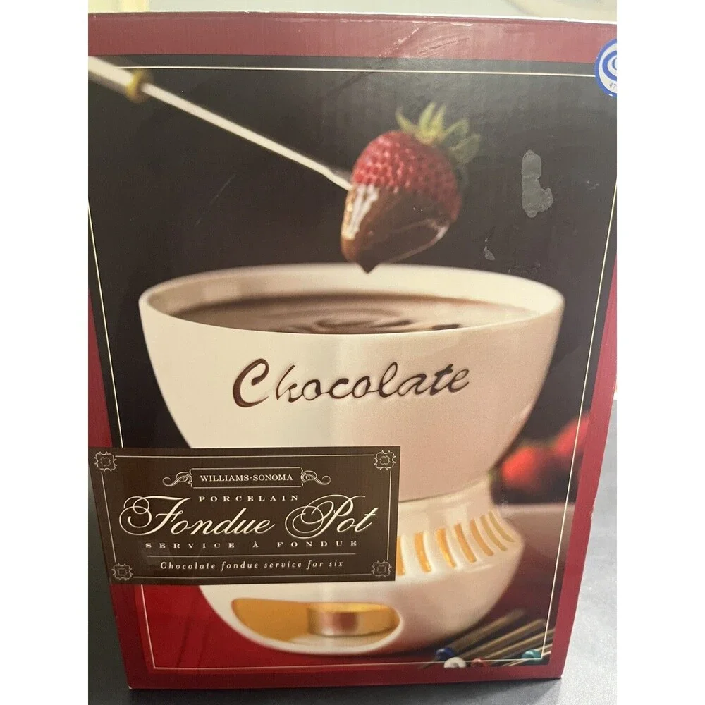 Williams Sonoma Porcelain Fondue Pot with 6 Dipping Forks - New in Box